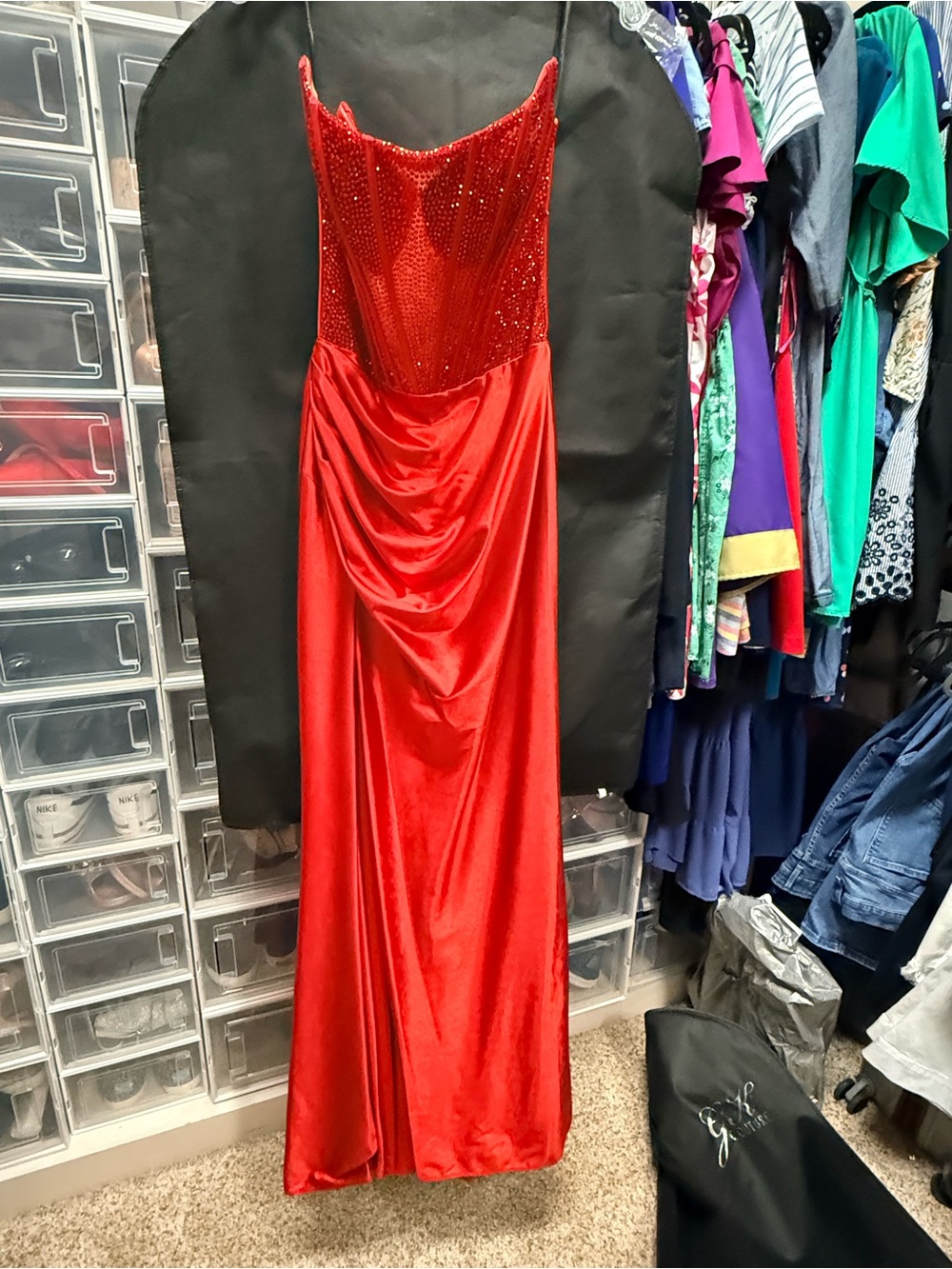 Sherry Hill Red Beaded Satin Evening Gown
